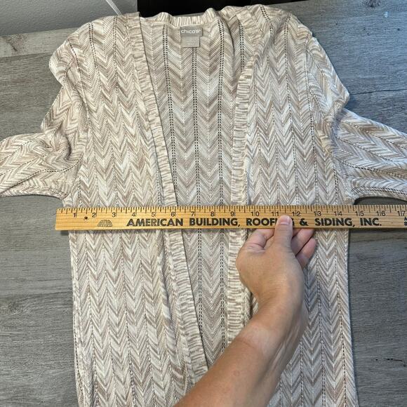 Chico's Open Front Long Line Cardigan Open Knit Sweater Chevron Brown 0 Med - Picture 8 of 10